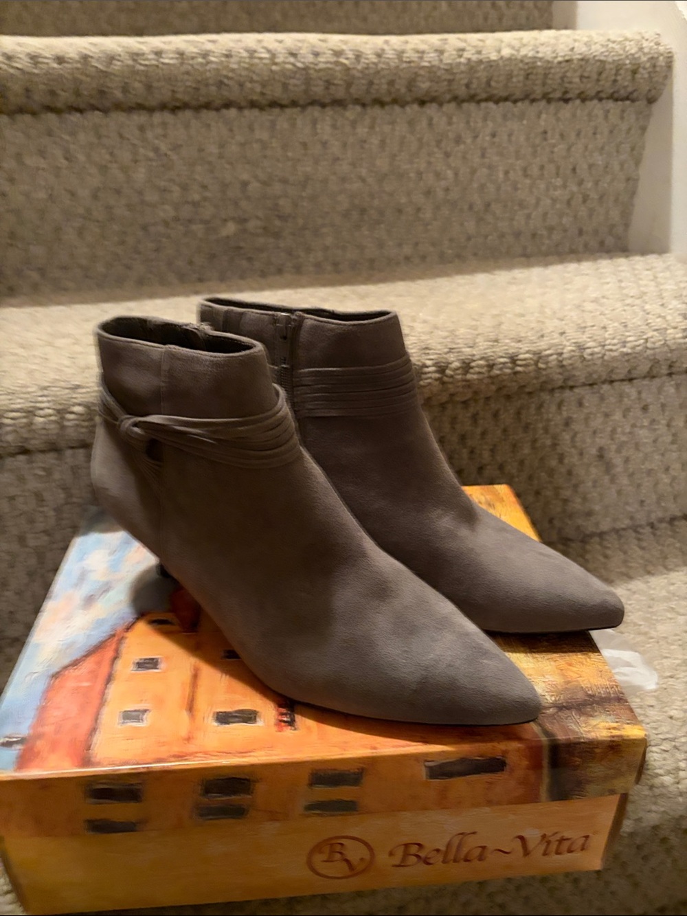 Bella Vita Jani Gray Pointed Toe Ankle Booties with Subtle Wrap Detail